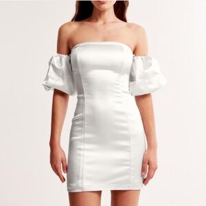 Off-The-Shoulder Puff Sleeve Mini Dress in pearl
